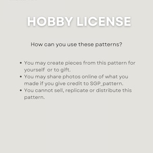 May include: A light beige graphic with the text "HOBBY LICENSE" and "How can you use these patterns?" in a sans-serif font. The SGP logo is at the top. The text explains the terms of use for the patterns.
