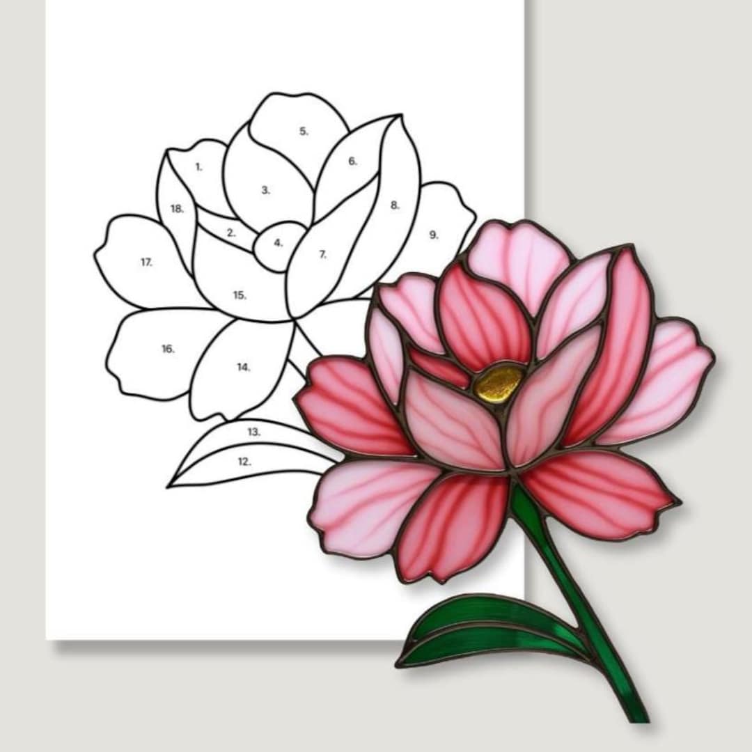 Peony Stained Glass Pattern: Beginner Flower Design (PDF, SVG