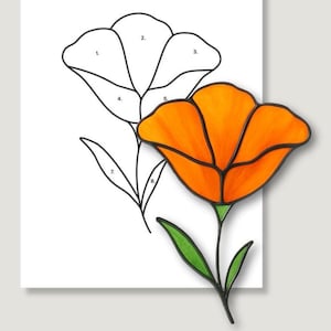California Poppy Stained Glass Pattern, Digital Download, Flower stained glass pattern poppy, Beginner Pattern