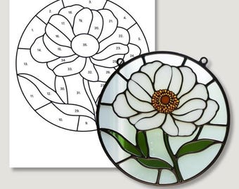 Peony Stained Glass Pattern: Flower Suncatcher, Beginner DIY (PDF, SVG)