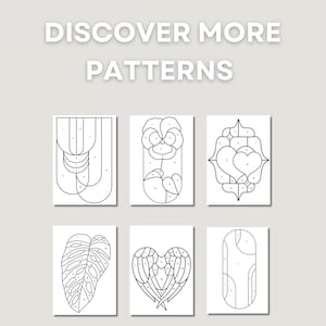May include: Image features six black and white stained glass patterns. The top text reads "DISCOVER MORE PATTERNS". The patterns include floral, abstract, and geometric designs. The SGP logo is in the top left corner.