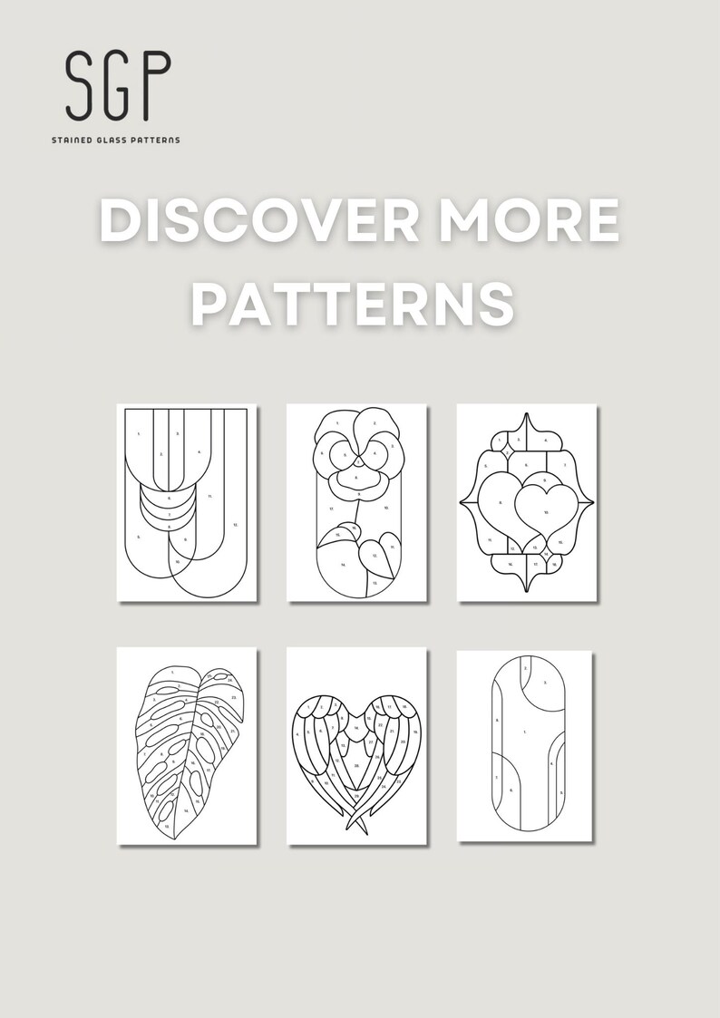 May include: Image features six black and white stained glass patterns. The top text reads "DISCOVER MORE PATTERNS". The patterns include floral, abstract, and geometric designs. The SGP logo is in the top left corner.