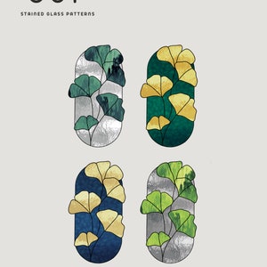 K&ouml;nnte beinhalten: Vier Bleiglasmuster mit einem stilisierten Ginkgoblatt-Design. Jedes Muster hat ein anderes Farbschema: gr&uuml;n und silber, gr&uuml;n und gold, blau und gold und gr&uuml;n und grau.