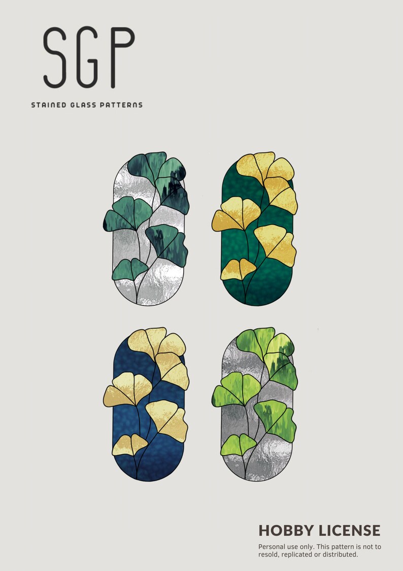 K&ouml;nnte beinhalten: Vier Bleiglasmuster mit einem stilisierten Ginkgoblatt-Design. Jedes Muster hat ein anderes Farbschema: gr&uuml;n und silber, gr&uuml;n und gold, blau und gold und gr&uuml;n und grau.