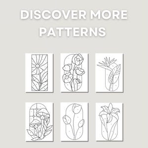May include: Image features six black and white stained glass patterns of flowers and plants. The text "DISCOVER MORE PATTERNS" is displayed above the images. The SGP logo is in the upper left corner.