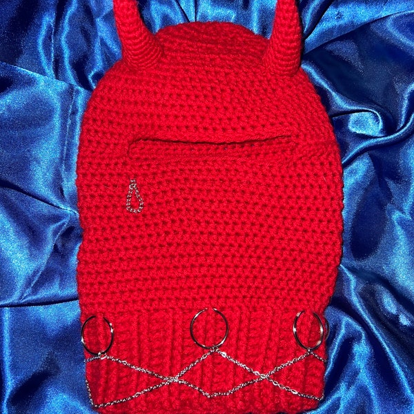 Crochet Balaclava Ski Mask Red Devil Horn Alternative With Chains and Jewlery Ski mask