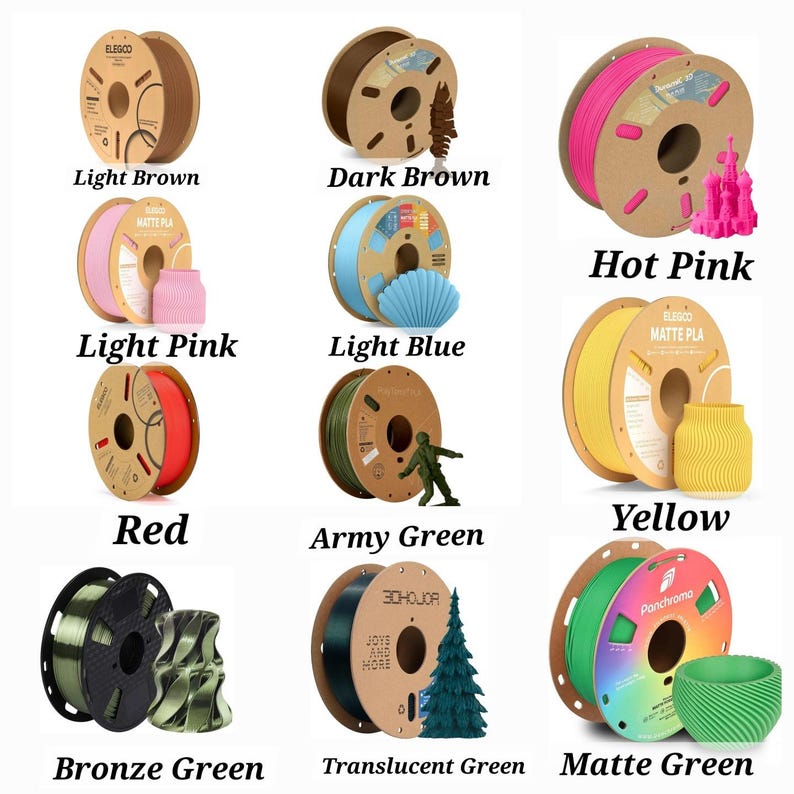 Puede incluir: Surtido de 10 carretes de filamento para impresi&oacute;n 3D en varios colores, incluyendo marr&oacute;n claro, marr&oacute;n oscuro, rosa intenso, rosa claro, azul claro, rojo, verde militar, amarillo, verde bronce, verde transl&uacute;cido y verde mate.