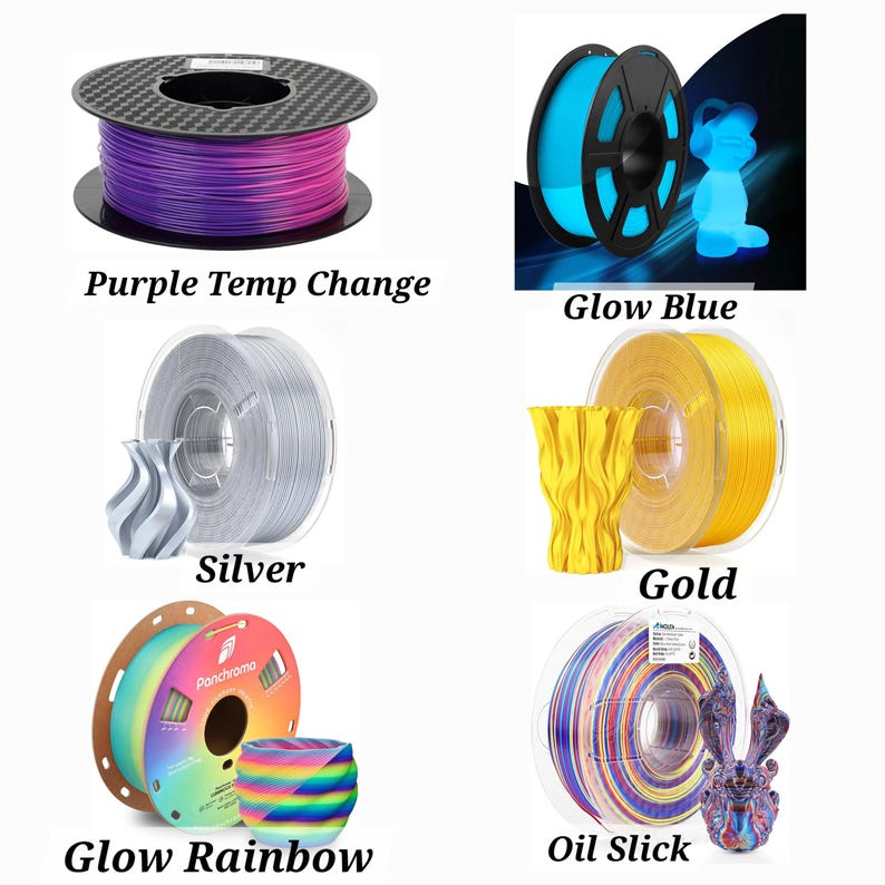 Puede incluir: Surtido de carretes de filamento para impresora 3D en varios colores, incluyendo morado, plateado, dorado, azul, arco&iacute;ris y efecto de aceite. El filamento est&aacute; enrollado alrededor de carretes con etiquetas que indican el color y el tipo.