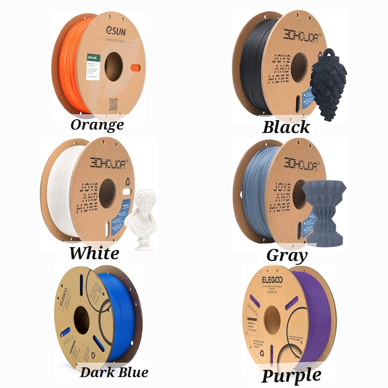 Puede incluir: Seis carretes de filamento para impresi&oacute;n 3D en varios colores: naranja, negro, blanco, gris, azul oscuro y morado. Los carretes est&aacute;n etiquetados con las marcas ESUN, 3DHOJOR y ELEGCOO.