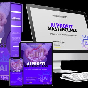May include: A purple and white digital marketing course called "AI Profit Masterclass" is shown on a computer monitor, tablet, and phone. The course teaches how to use artificial intelligence to make money online. The course includes a guide called "The Everything Guide".