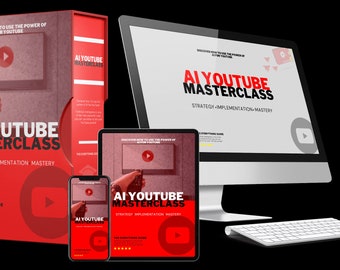 May include: A red and white digital marketing product called "AI YouTube Masterclass: Strategy Implementation Mastery" is displayed on a computer monitor, tablet, smartphone, and book. The product features a red play button icon and a five-star rating.