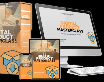 May include: A digital product masterclass course is displayed on a computer screen, tablet, and phone. The course is titled "Digital Product Masterclass: Strategy, Implementation, Mastery". The course is presented in a bright orange and yellow colour scheme with a download arrow icon.