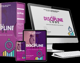 May include: A digital product mockup showing a purple and white book titled "The Discipline Code: Strategy Implementation Mastery". The book is shown on a computer screen, tablet, and smartphone. The book cover features a clock, a bar graph, and the text "Unlock Your Potential Mastering The Art of Self-Discipline".