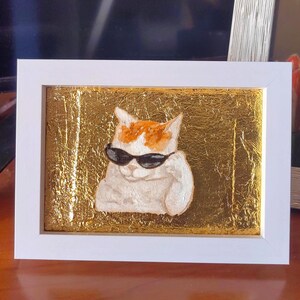 Pintura a óleo de gato com óculos de sol, arte engraçada de meme, arte original, presente exclusivo