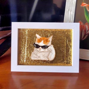 Peinture à l'huile de chat avec lunettes de soleil, mème amusant, œuvre d'art originale, cadeau unique