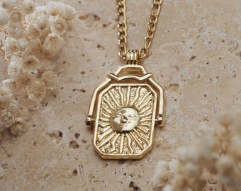 Gold sun and moon spinning necklace. Delicate sentimental thoughtful gift for bereavement, loss, love, hope and courage.