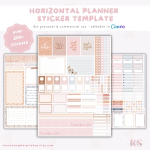 Canva Horizontal Planner Sticker Template | ECLP A5 Horizontal | Neutral Boho Floral Sticker Sheet Template | Commercial Use