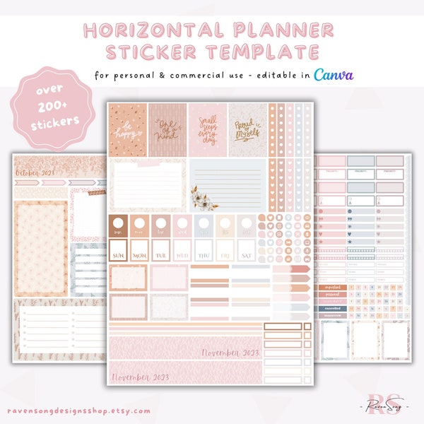 Canva Horizontal Planner Sticker Template | ECLP A5 Horizontal | Neutral Boho Floral Sticker Sheet Template | Commercial Use