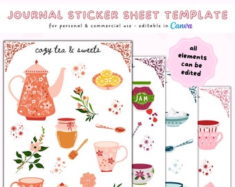 Canva 編集可能なステッカーシート テンプレート | コージーティー デジタル ステッカー テンプレート | ジャーナル ステッカー キット テンプレート | 商用利用