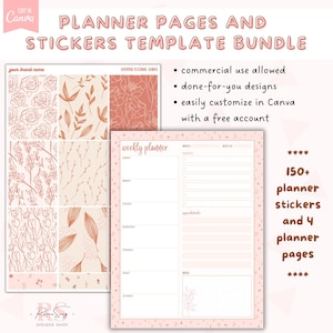 Boho Canva Template Bundle | PLR Planner Template | Floral Printable Planner Stickers | Commercial Use