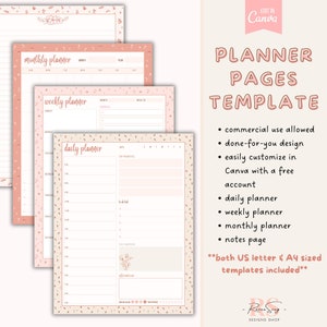 Puede incluir: Un conjunto de páginas de planificador imprimibles en un patrón floral rosa y beige. Las páginas incluyen un planificador mensual, semanal y diario, así como una página de notas. El texto "PLANNER PAGES TEMPLATE" está en la parte superior de la imagen. El texto "both US letter & A4 sized templates included" está en la parte inferior de la imagen.