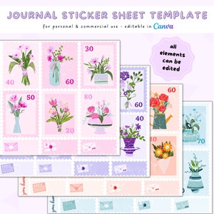 Canva Editable Sticker Template | Journal Sticker Kit Template | Floral Stamps Digital Sticker Template | Commercial Use