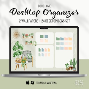以下が含まれることがあります： ボホのテーマのデスクトップオーガナイザーを表示するラップトップの画面。画面には、緑の植物と椅子が描かれた壁紙が2つ、さまざまな色の24個のデスクトップアイコンのセットが表示されています。画面には、「BOHO HOME Desktop Organizer」と「2 WALLPAPERS + 24 DESKTOP ICONS SET」というテキストが表示されています。ラップトップは、緑色の表面に置かれており、「FOR MAC & WINDOWS」というテキストと、AppleとWindowsのロゴが表示されています。