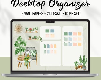 May include: A laptop computer screen displaying a desktop organizer with a boho theme. The screen shows two wallpapers with green plants and a chair, and a set of 24 desktop icons in various colors. The text "BOHO HOME Desktop Organizer" and "2 WALLPAPERS + 24 DESKTOP ICONS SET" is displayed on the screen. The laptop is on a green surface with the text "FOR MAC & WINDOWS" and a logo for Apple and Windows.