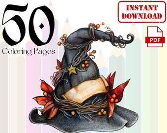 Witch Magic Coloring Pages - 50 coloring pages - Instant Download - PDF