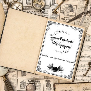 May include: An open book with a white page featuring the text "Enigmatic Enchantments: Witch's Cryptograms" and a black and white illustration of a crescent moon and stars. The book is surrounded by vintage paper and ephemera.