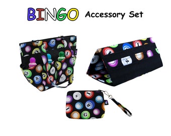 Bingo Accessory Set - 8 Dauber Bingo Bag - Foldable Pull Tab Holder - Wristlet Money Pouch - Great gift for bingo lover