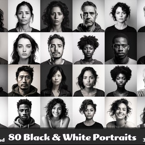 80 Black & White Portrait Photos | Various Ages and Nationalities | Monochrome Prints | Photography Digital Files | Instant JPG Download