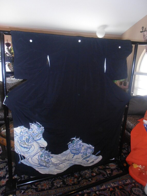 Japanese Kurotomosode Silk Kimono Ship Ocean | We… - image 3
