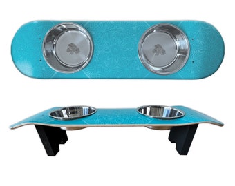 Dream Catcher Dog SkateBowl Aqua - Elevated Dog Bowl with 2 Stainless Steel Bowls