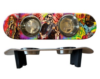 Music Vibes Dog SkateBowl - Elevated Dog Feeding Stand with 2 Stainless Steel Bowls