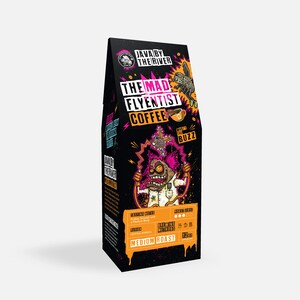 May include: A black and yellow coffee bag with a cartoon illustration of a creature with pink hair and a lab coat. The bag is labeled "Java by the River" and "The Mad Flyentist Coffee". The text "What's the Buzz" is also on the bag.