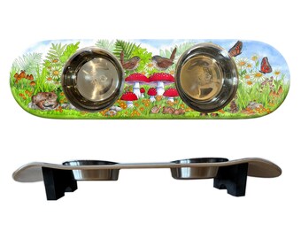 Funky Fungi Cat SkateBowl - Elevated Cat Bowl with 2 Stainless Steel Bowls