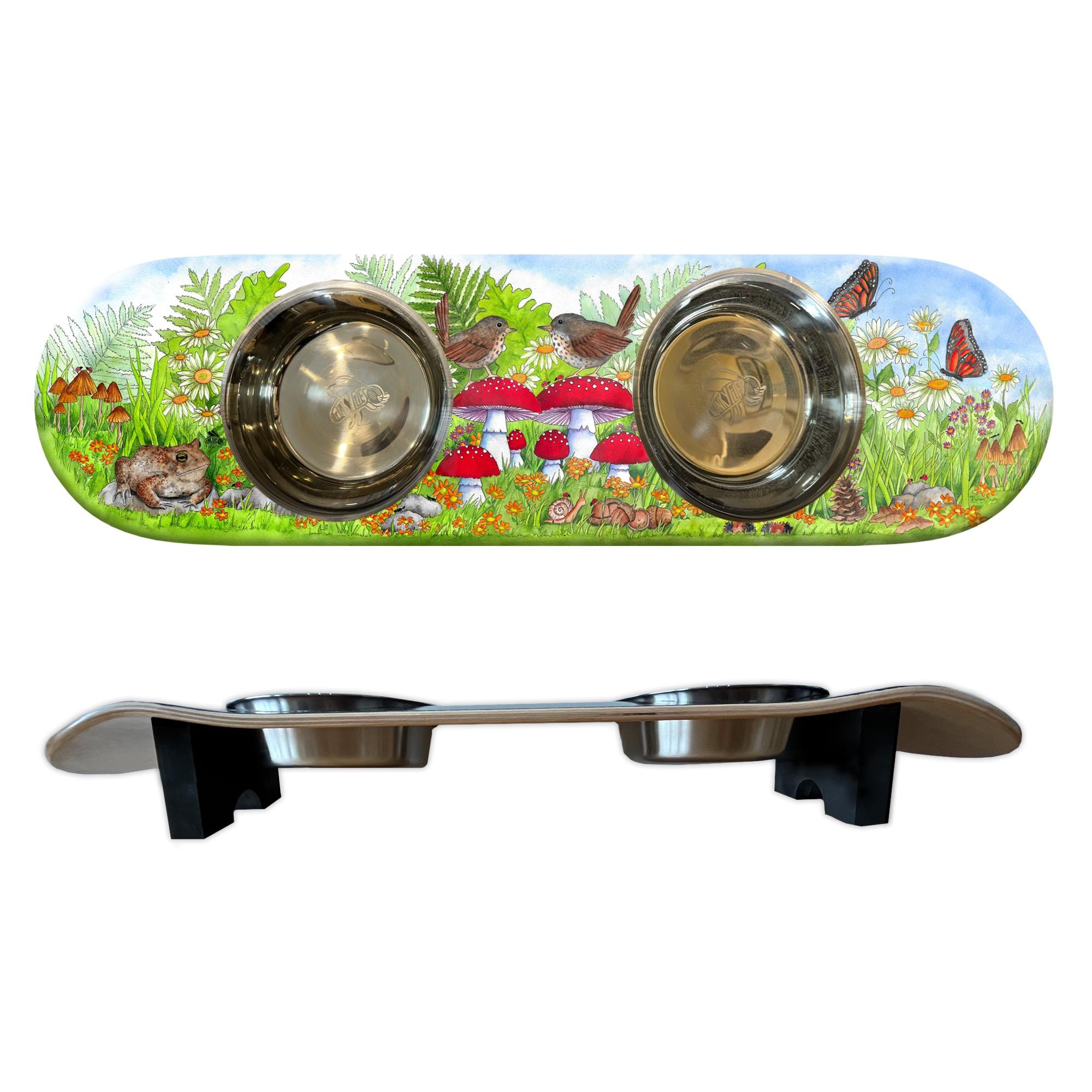 Funky Fungi Cat SkateBowl - Elevated Cat Bowl with 2 Stainless Steel Bowls