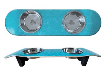 Dream Catcher Aqua Cat SkateBowl - Elevated Cat Bowl with 2 Stainless Steel Bowls