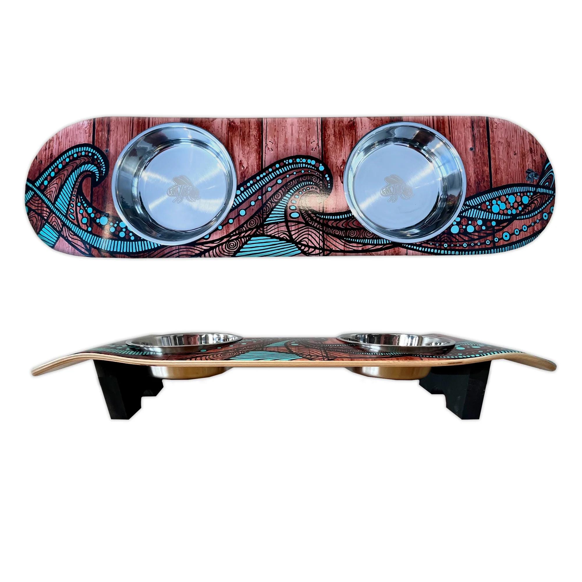 Island Time Cat SkateBowl - Elevated Cat Bowl with 2 Stainless Steel Bowls