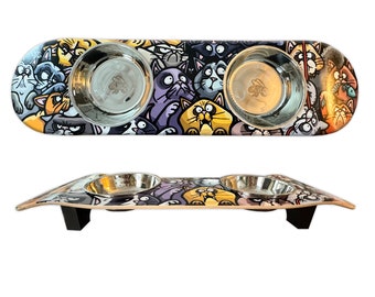Cat Posse Skate Bowl Feeder: Elevated Stainless Steel Bowls, Maple Deck