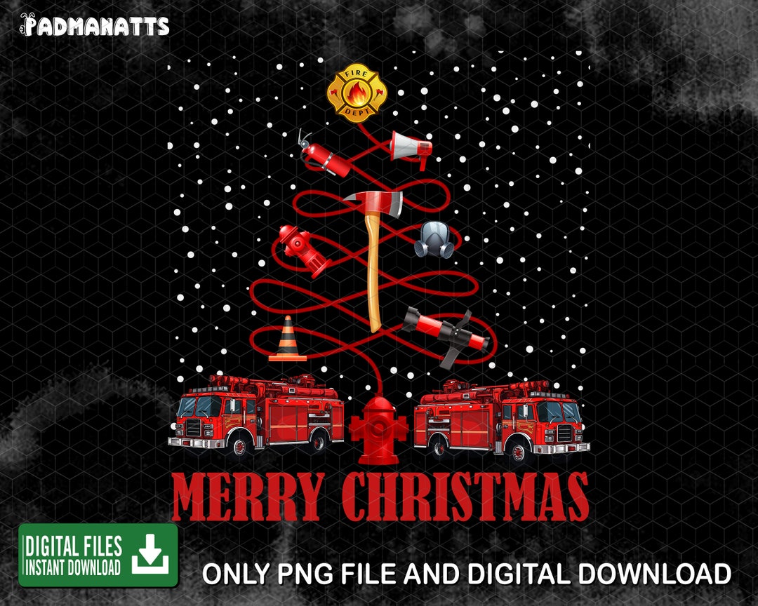 Merry Christmas Firefighter Png, Fire Truck Christmas Tree Png