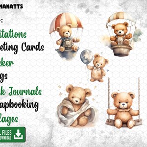 Watercolor Teddy Bear Bundle Clipart, Baby Shower, Baby Bear, Nursery ...