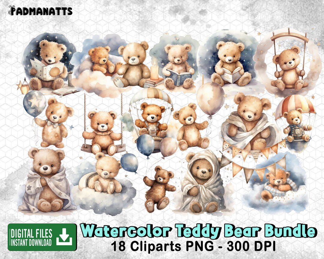 Watercolor Teddy Bear Bundle Clipart, Baby Shower, Baby Bear, Nursery ...