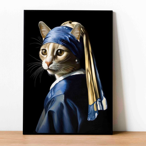 Cat with a Pearl Earring Painting, Cat Lover Gift, Girl with a Pearl Earring Print, Cat Painting, Modern Wall Art, Home Decor, Art Print