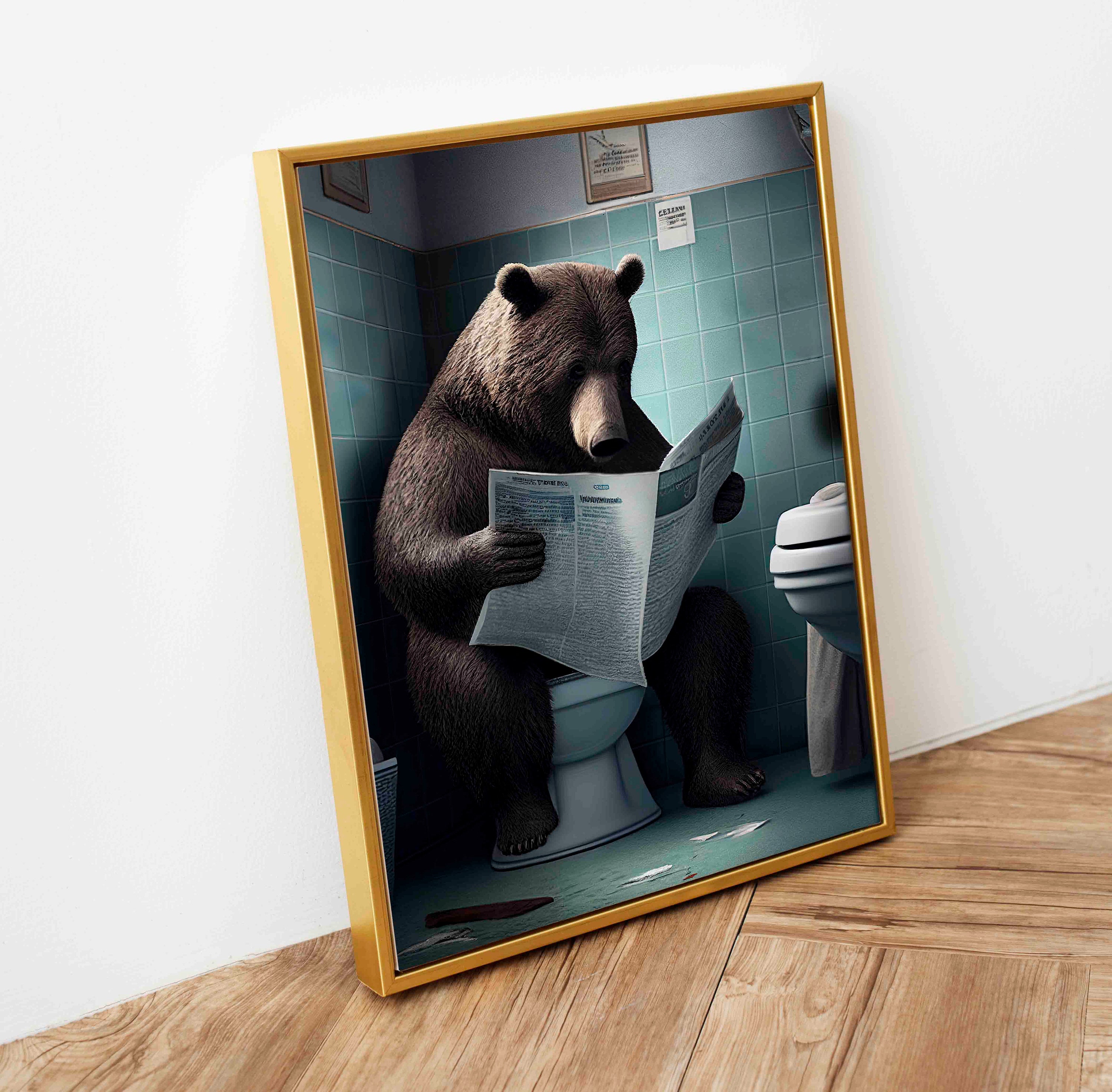 Grizzly Brown Bear Sitting on the Toilet Reading a Newspaper, Bear