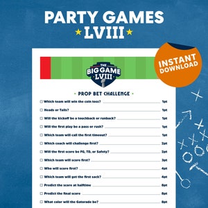 2024 Football Party Games • Football Party Printables, Prop Bet Challenge, Football Sunday, The Big Game 2024, Word Games