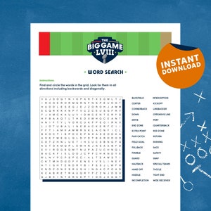 2024 Football Party Word Search Game • Super Bowl Printables, Football Sunday, The Big Game, Word Games