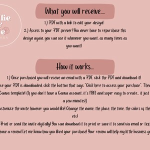 May include: A light pink graphic with the text "Millie & Me STUDIOS" and instructions on how to use a PDF template. The text includes steps on how to access and customize the design, and how to print or send it digitally.