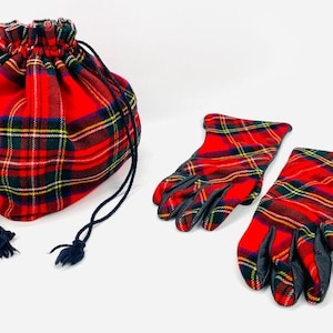 VINTAGE Red Tartan Gloves with Red Tartan Drawstring Bag
